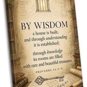 May include: A rectangular canvas print featuring a sepia-toned illustration of a library interior with a gothic window at the top. The text reads: BY WISDOM a house is built, and through understanding it is established; through knowledge its rooms are filled with rare and beautiful treasures. PROVERBS 24:3-4. An ornate key and architectural blueprints are at the bottom.