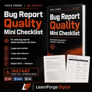 Könnte beinhalten: Ein schwarzes Buch mit dem Titel "Bug Report Quality Mini Checklist" mit orangefarbenem und weißem Text. Das Cover enthält den Text "Field Forge" und "QA Toolkit". Das Bild zeigt auch zwei offene Seiten mit Checklisten.