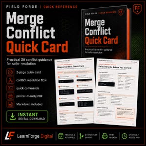 Peut inclure: Une carte de référence rapide noire et orange intitulée "Merge Conflict Quick Card" avec le texte "Practical Git conflict guidance for safer resolution." L'image montre également une carte rapide de 2 pages, un livre et les mots "Instant Digital Download."