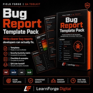 May include: A black and orange "Bug Report Template Pack" book and cards. The book cover reads "Bug Report Template Pack" with the text "Write clearer bug reports developers can actually fix." The cards show checklists and severity matrices.