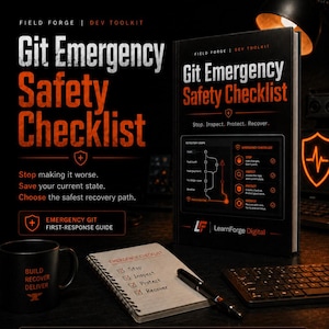Może przedstawiać: Czarna i pomarańczowa książka zatytułowana "Git Emergency Safety Checklist" z tekstem "Stop. Inspect. Protect. Recover." Widoczny jest również notatnik z listą kontrolną, długopis i czarny kubek. Na kubku widnieją słowa "Build, Recover, Deliver."
