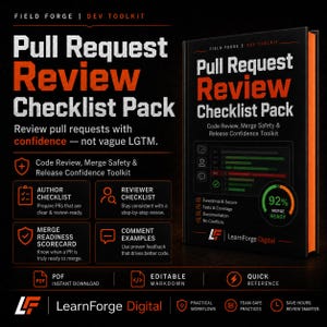 Pode incluir: Um livro preto e laranja intitulado "Pull Request Review Checklist Pack" com o texto "Review pull requests with confidence". O livro inclui seções sobre revisão de código, segurança de mesclagem e um painel de preparação para mesclagem. O logotipo LearnForge Digital também é exibido.