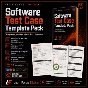 May include: A digital download product titled "Software Test Case Template Pack" with templates, trackers, and checklists. The image features a book and sample documents, including a test case template, tracker, and checklist. The product is designed for QA professionals and includes 17 buyer files.