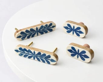 Kastgrepen van houthars, blauwe botanische ovale handgrepen, boho keukenhardware