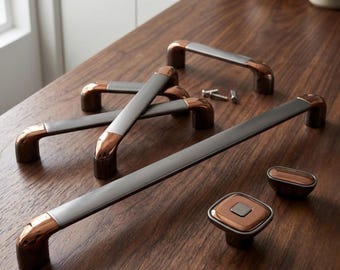 Two Tone Cabinet Pulls, Copper and Grey Drawer Handles, Modern Square Knob, Oval Dresser Hardware, Kitchen Cupboard Bar Pull