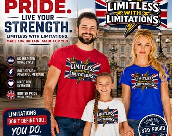 United Kingdom Edition Limitless With Limitations™ Royal Crowl-T-shirt (globale kleuren) | Union Jack-vlag, bliksemschicht