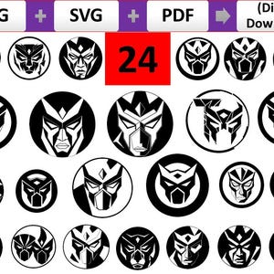 May include: A digital download graphic featuring 24 black and white circular designs. Each design showcases a stylized robot face or mask. The number "24" is displayed in a red square. The top of the image includes the text "PNG + SVG + PDF -> (Digital Download)".