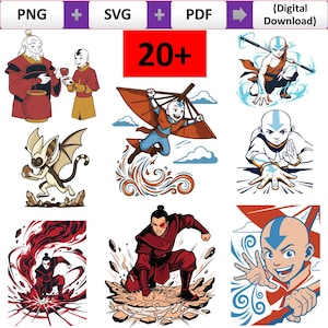 May include: A digital download collection featuring over 20 graphic illustrations of characters from Avatar: The Last Airbender, including Aang flying with a glider, Zuko in combat poses, and Momo, provided in PNG, SVG, and PDF file formats.