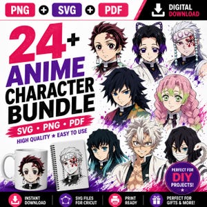 Demon Slayer SVG Bundle, Tanjiro PNG, Nezuko Clipart, Zenitsu SVG, Giyu Tomioka, Shinobu Kocho, Hashira Upper Moon, Instant Download