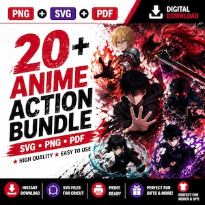 Może przedstawiać: Cyfrowy pakiet do pobrania zawierający ponad 20 ilustracji akcji anime w formatach PNG, SVG i PDF. Grafika zawiera pogrubiony czerwony i czarny tekst o treści 20+ ANIME ACTION BUNDLE oraz dynamiczne postacie z anime z efektami świetlnymi.