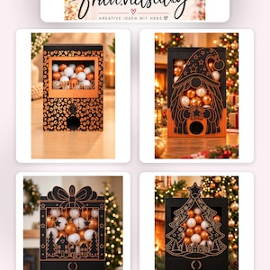 Könnte beinhalten: Vier rechteckige schwarze Spender gefüllt mit weißen und kupferfarbenen Kugeln. Die Designs zeigen ein Leopardenmuster, einen Wichtel, eine Winterlandschaft mit Schleife und einen Weihnachtsbaum. Jeder hat eine runde Öffnung unten.