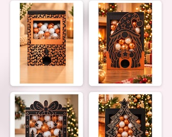 May include: Four rectangular black dispensers filled with white and copper-colored spheres. Designs include a leopard print pattern, a gnome, a winter landscape with a bow, and a Christmas tree. Each features a circular opening at the bottom.