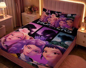 Juego de ropa de cama KPOP Demon Hunter, juego de cama para chicas anime, juego de sábana bajera y funda de almohada, decoración kawaii para dormitorio, ropa de cama infantil de anime