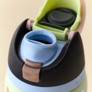 May include: Close-up of a water bottle lid, featuring a light blue spout, a black cap, and a green flip-top cover. The bottle has a light green body with blue and brown accents. The lid is open, revealing the interior.