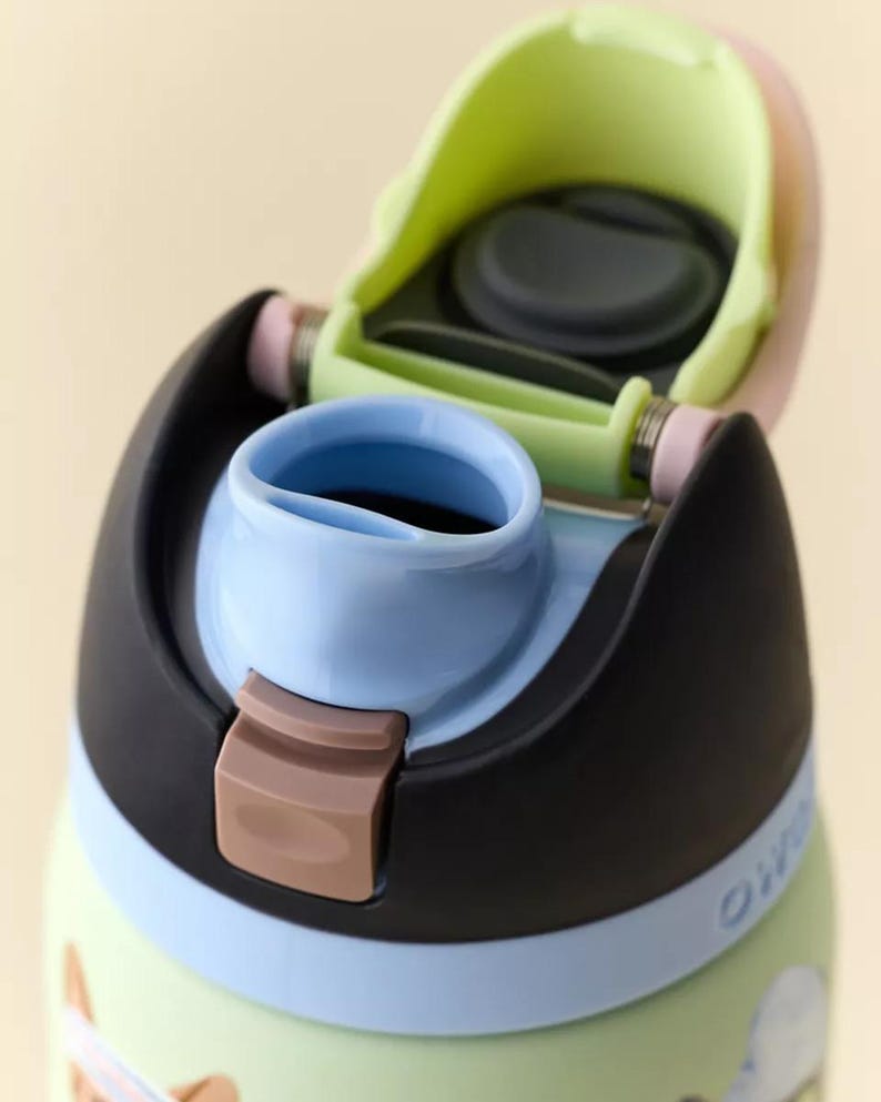 May include: Close-up of a water bottle lid, featuring a light blue spout, a black cap, and a green flip-top cover. The bottle has a light green body with blue and brown accents. The lid is open, revealing the interior.