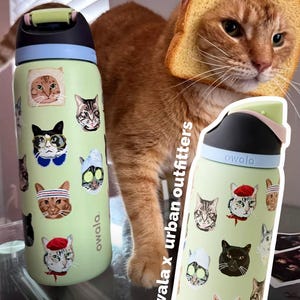 May include: Two Owala water bottles with cat-themed stickers. The bottles are light green with black and light blue lids. The stickers feature various cat faces with accessories. The text "owala x urban outfitters" is visible.