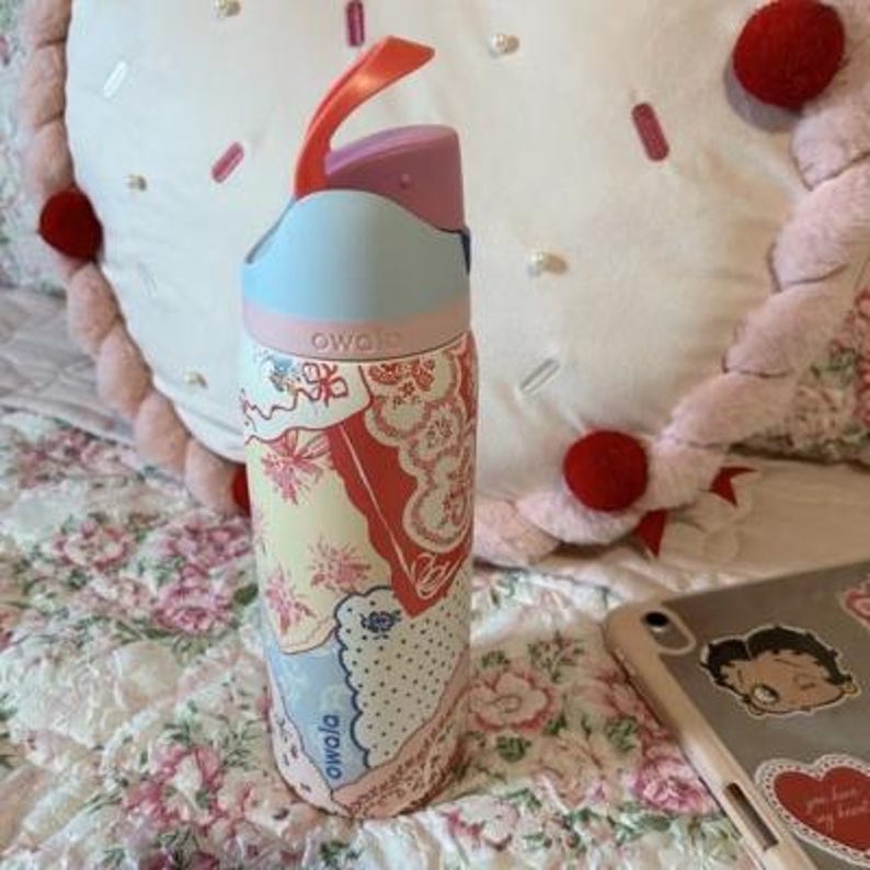 May include: A colorful Owala water bottle with a floral and paisley design. The bottle features a light blue, pink, and red color scheme, with a handle and a flip-top lid. The word "owala" is printed on the bottle.