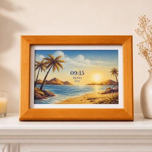 May include: A rectangular wooden picture frame containing a digital display of a tropical beach scene at sunset. The screen shows the time 09:15, the date 22 Oct, and the temperature 10°C. The frame has a smooth, light brown finish.