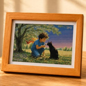 May include: A digital photo frame with a light wood finish displaying an illustration of a person kneeling in a grassy field with a black cat. The screen shows the time 06:30, the date 12th May, and a temperature reading of 16°C in the corner.