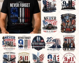 May include: A black t-shirt featuring a graphic print with the text NEVER FORGET, the number 9, and the Twin Towers silhouette against a red, white, and blue American flag background, with the date 9.11.01 and the phrase WE WILL NEVER FORGET.