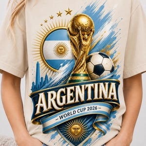 May include: A beige t-shirt featuring a graphic print of the gold World Cup trophy, a football, the Argentina flag, and the text "ARGENTINA - WORLD CUP 2026". The design includes blue and gold accents, a sun emblem, and a city skyline silhouette.