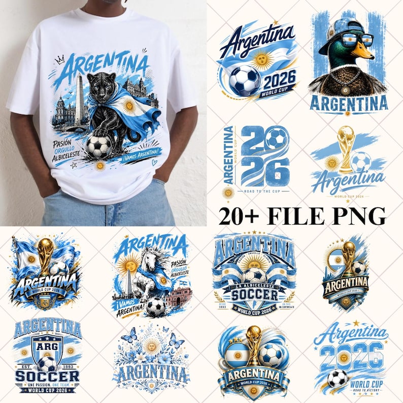 May include: A white t-shirt featuring a graphic of a black panther draped in an Argentina flag with a football, surrounded by various Argentina-themed football designs including ducks, horses, trophies, and the text Argentina 2026 World Cup.