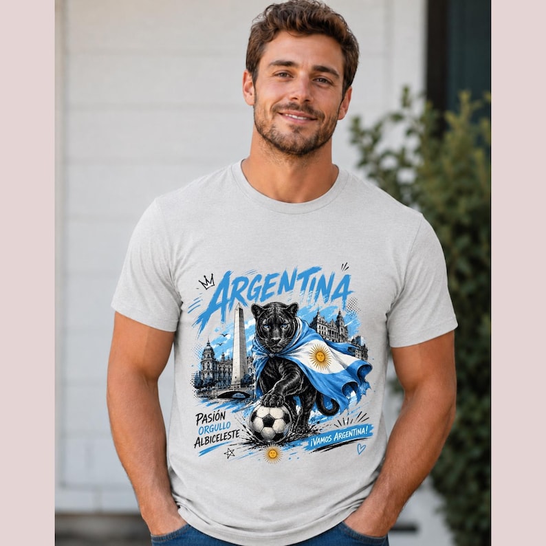 May include: A light grey t-shirt featuring a graphic of a black panther draped in an Argentine flag, a football, the Obelisco de Buenos Aires, and the text "ARGENTINA", "PASI&Oacute;N ORGULLO ALBICELESTE", and "VAMOS ARGENTINA" in blue and black ink.