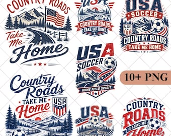 USA Soccer PNG, Country Roads Take Me Home Shirt Design, Red White Blue Game Day, Patriotic Fan Comfort Colors PNG