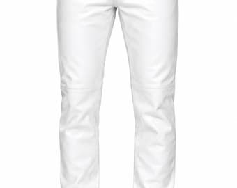 Men's White Leather Pants – Premium Genuine Leather Trousers for Men – Slim Fit Biker Pants – Handmade pants   – Custom Size Available
