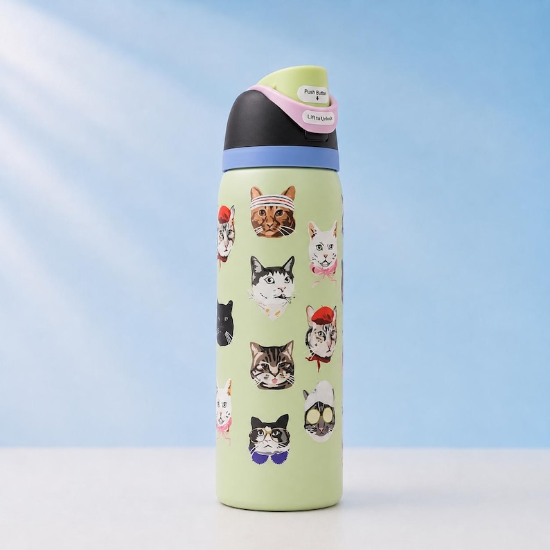 May include: A light green water bottle featuring a pattern of various cat faces wearing accessories. The lid is black, blue, and light green with a pink latch labeled Push Button and Lift to Unlock. The bottle has a smooth, cylindrical body.