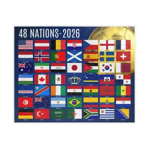 May include: A rectangular jigsaw puzzle featuring the text 48 NATIONS-2026 at the top. The design displays a grid of forty-eight national flags arranged in rows, with a large, golden soccer ball graphic positioned on the right side of the puzzle.