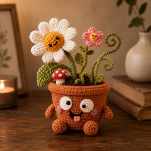 Crochet Funny Flower Pot Keychain, Quirky Amigurumi Plant Bag Charm, Cute Gift