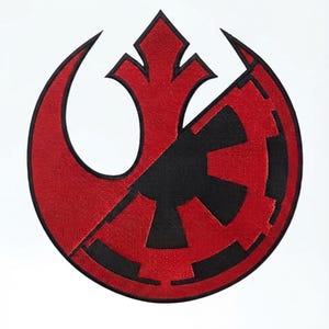 May include: A circular embroidered patch featuring a split design. The left side displays the red Rebel Alliance starbird symbol, while the right side shows the black Imperial cog emblem. The entire design is outlined in black thread.