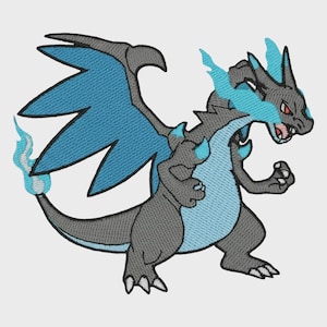 May include: An embroidered patch featuring a dragon-like creature with dark gray scales, a light blue belly, and large wings with blue membranes. The creature has blue flames emanating from its head and tail, with sharp claws and red eyes.