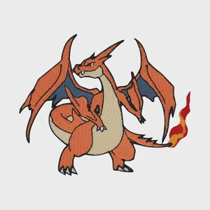 May include: An embroidered patch featuring a stylized orange dragon-like creature with large wings, a cream-colored belly, and a tail ending in a bright red and yellow flame. The design is outlined in black thread with blue wing accents.