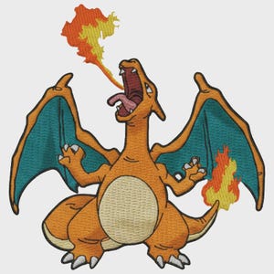 May include: An embroidered patch featuring a dragon-like creature with orange skin, a cream-colored belly, and teal wings. The creature has its mouth open, breathing out a yellow and orange flame, with a matching flame at the tip of its tail.