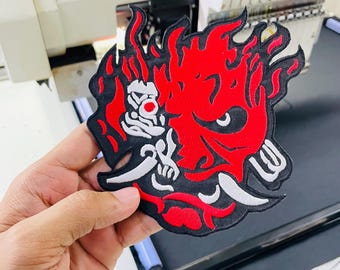 Cyberpunk Samurai Oni Embroidered Patch, Iron On Japanese Demon Patch, Red Anime Embroidery Applique for Jacket, Vest & Backpack