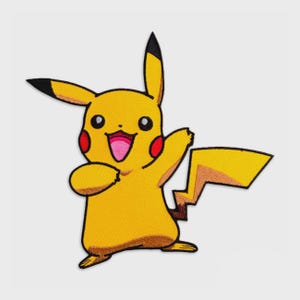 May include: An embroidered patch featuring a yellow creature with long ears tipped in black, red circular cheeks, and a lightning bolt-shaped tail. The character has a wide, open mouth showing a pink tongue and is outlined in a thick black border.