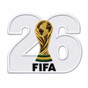May include: An embroidered patch featuring the white numbers 26 with a gold and green trophy icon centered between them. The trophy depicts a globe and stands above the black text FIFA. The entire design is outlined in white thread.