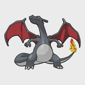 May include: An embroidered patch featuring a dark gray dragon-like creature with a light gray belly, red inner wings, and a yellow and orange flame at the tip of its tail. The creature is standing in a dynamic pose with its wings spread wide.