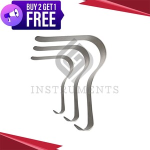 May include: Four silver-colored surgical retractors with curved handles and rounded ends. The image includes the text "INSTRUMENTS" and a banner that says "BUY 2 GET 1 FREE".
