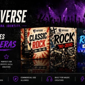 Può includere: Immagine promozionale per "Riffverse" con identità visive per epoche musicali. Il design include copertine di album per Classic Rock, Rock '90-2010, Rock 2010-2020 e Rock New Generation. La combinazione di colori è principalmente viola e nero.