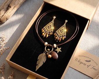 Geschenk für Freund Halskette und Ohrringe Set Retro Statement, Kleidung Kette Geschenkbox inklusive