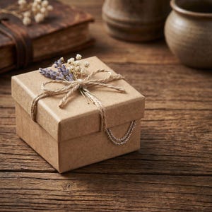 K&ouml;nnte beinhalten: Eine kleine, quadratische Geschenkbox aus Kraftpapier, mit Bindfaden gebunden und mit getrocknetem Lavendel und wei&szlig;en Blumen verziert. Eine silberne Kette ist an der Box befestigt. Die Box steht auf einer rustikalen Holzoberfl&auml;che.