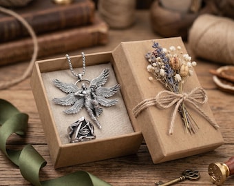 Geflügelte Figur Anhänger Halskette und Auge Ring Set, Sterling Silber Schmuck