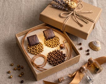 Statement Ohrringe, Handgefertigtes Holz und Rocailles Schmuck Set