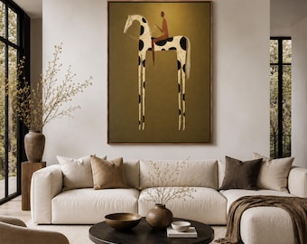 Wabi Sabi Abstract Horse Rider Oil Painting, Earth Tone Spotted Horse Wall Art,Neutral Tone Home Decor