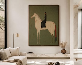 Modern  Lady on White Horse Oil Painting, Handmade Moss Green Vintage Wall Art for Living Room Bedroom