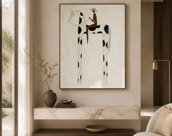 Olieverfschilderij gevlekt paard en cowboy, neutrale Wabi Sabi-muurkunst voor ruitersport voor woonkamer