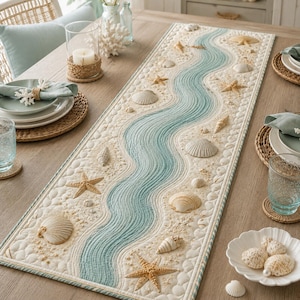 May include: A quilted table runner with a beach theme. The runner features a light blue wavy river design, surrounded by sand-colored fabric, seashells, and starfish. The edges are bordered with a white and light blue pattern.